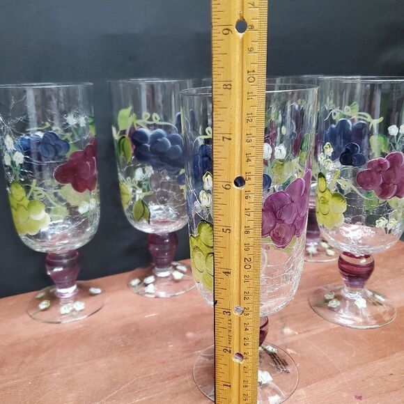 6 Vintage 1990's Crackled Glass Hand Painted Grapes Water or Iced Teas Glasses - Picture 7 of 10